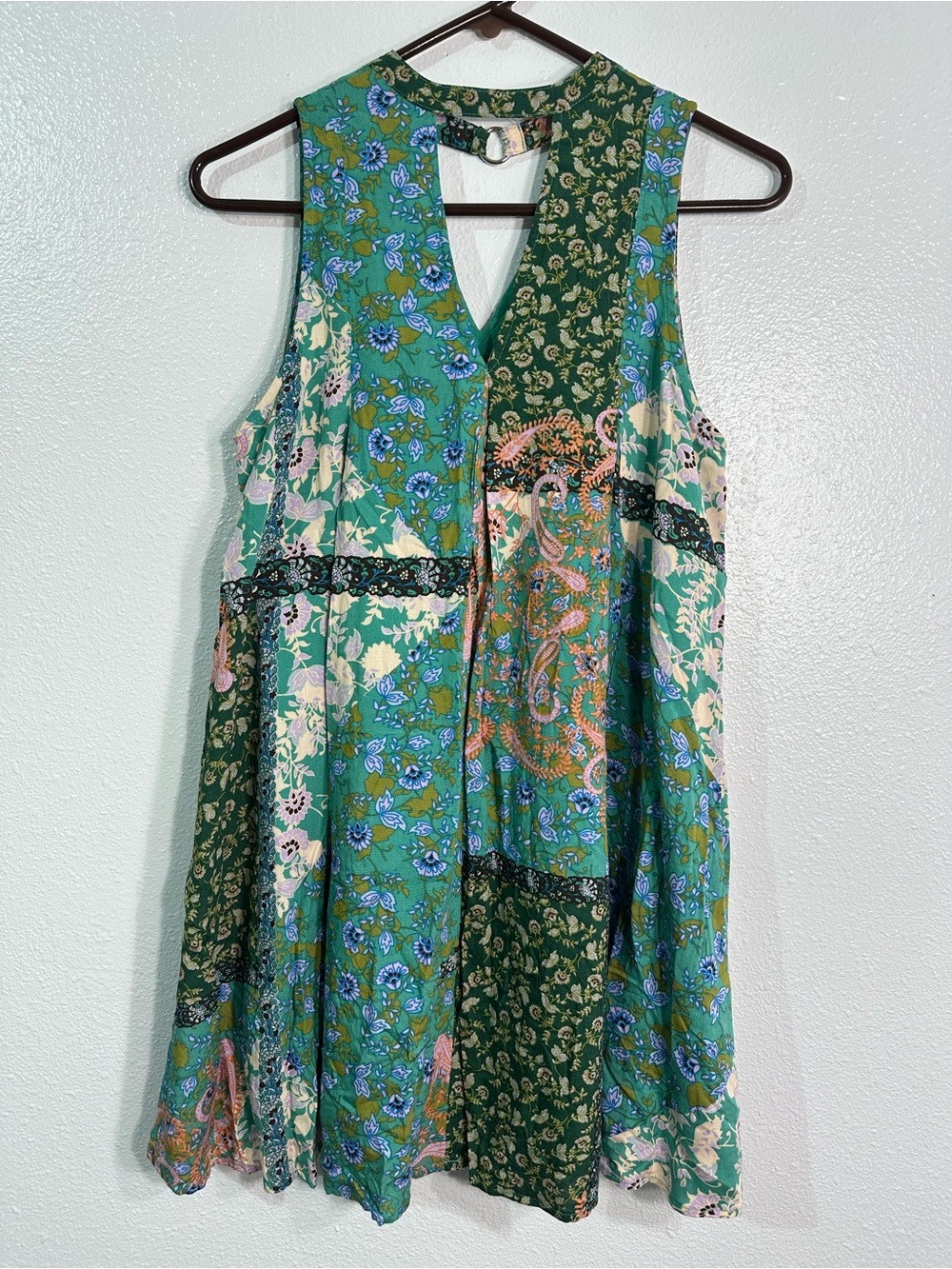 NWT ee:some Women’s Small Green Floral Patchwork Boho Swing Dress Rayon Fairy